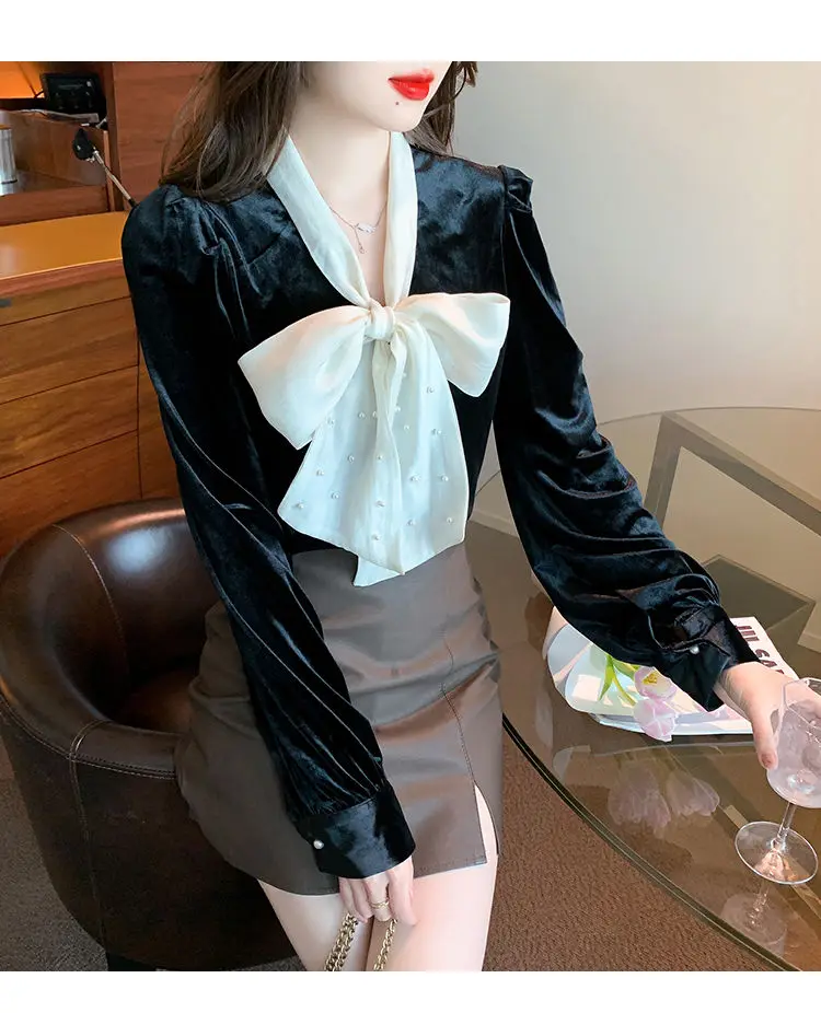 Black Velvet Bow Tie Shirt for Women French Luxury Style Socialite Shirt Chic Nail Bead Beautiful Top