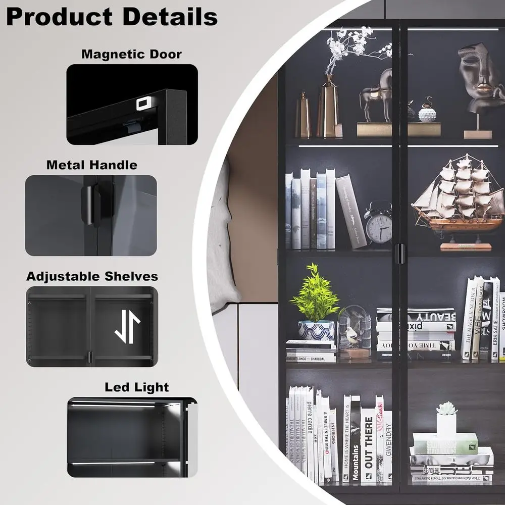 63 Tall Glass Display Cabinet with LED Lights, Adjustable Shelves for Collectibles, Suitable for Living Room, Bedroom, Office view 5