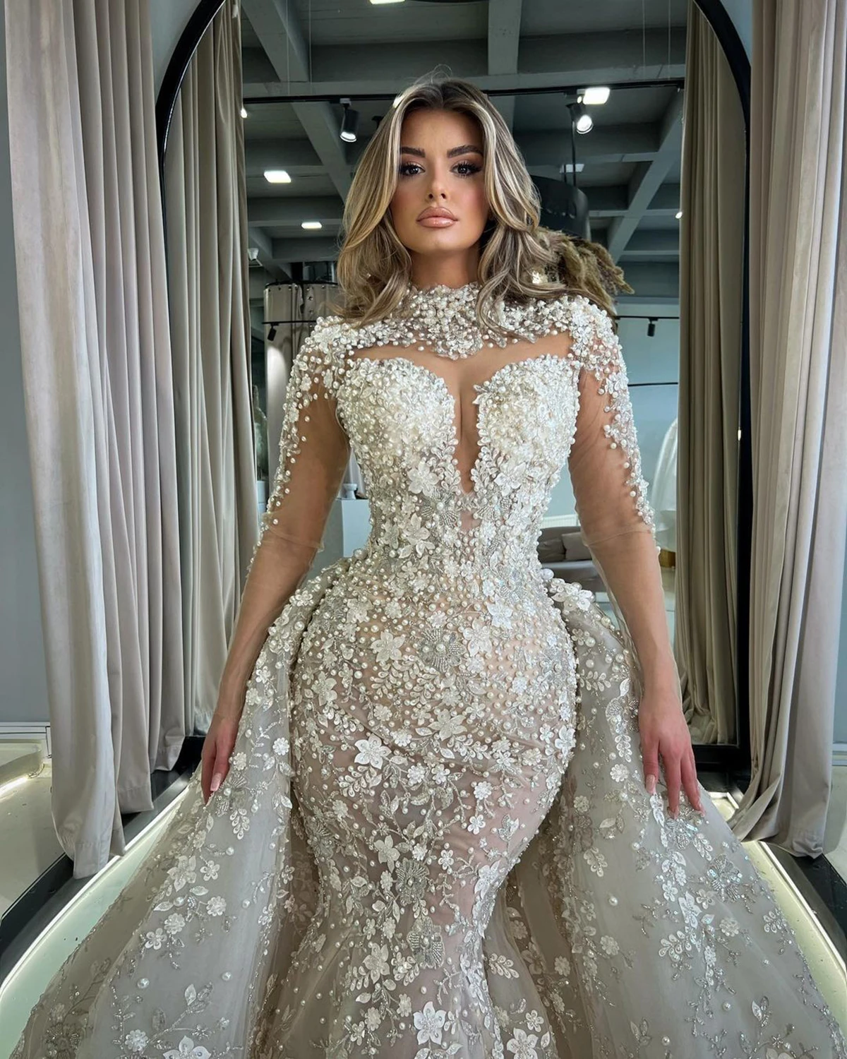 Stylish Mermaid Lace Wedding Dresses 3D Appliques Bridal Gowns Custom Made Pearls Illusion Embroidery Vestido de novia