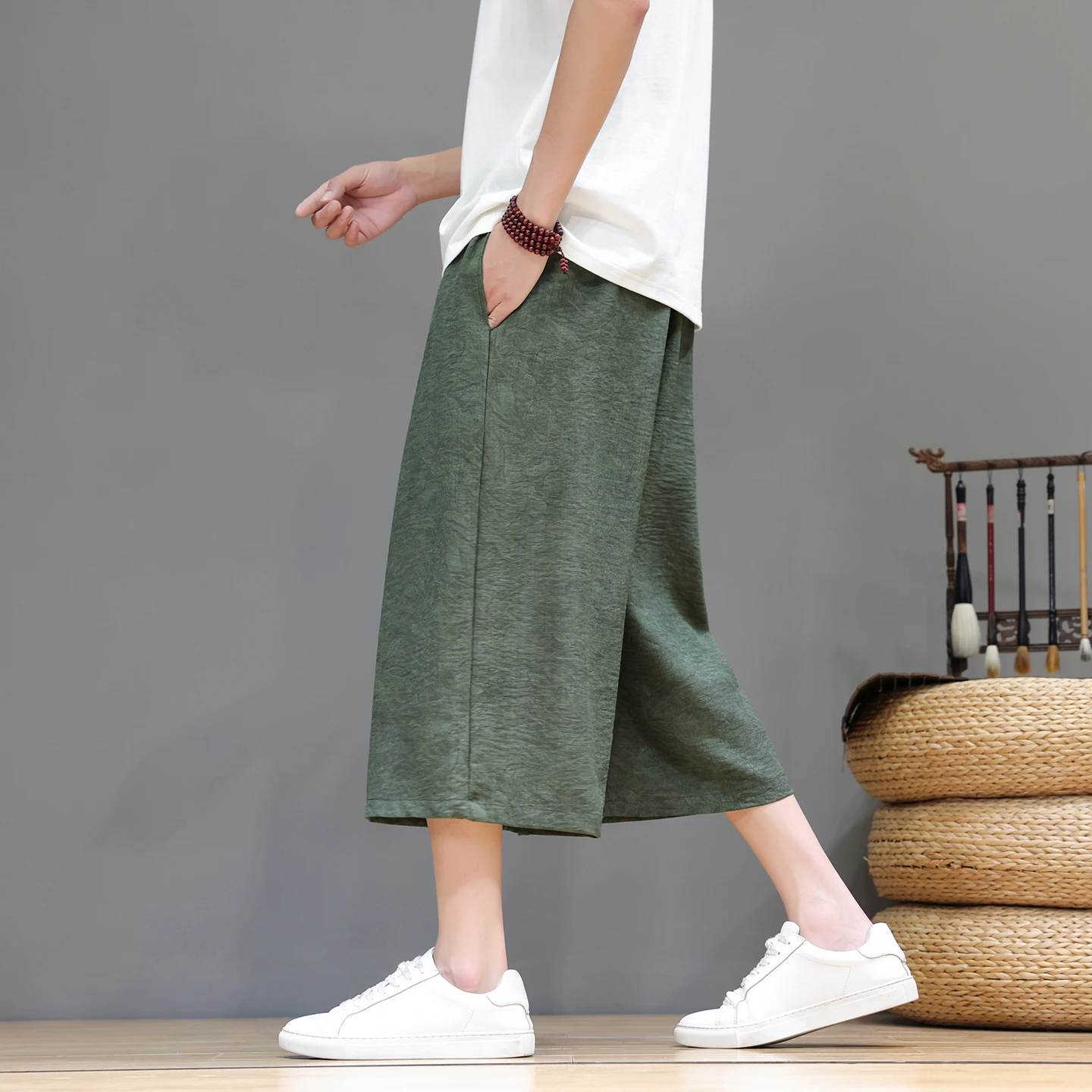 Summer Men Ice Silk Cropped Pants Chinese Style Men Retro Straight Beach Pants Breathable Cool Thin Casual Trousers Women Bottom