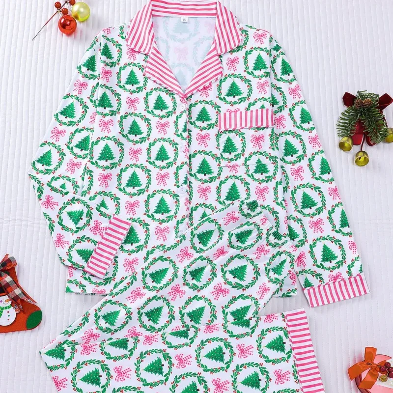 Autumn Winter Christmas Pajamas Pink Striped Lapel Cardigan Long Sleeves Trousers Loungewear Printed Cartoon Cute Holiday XL