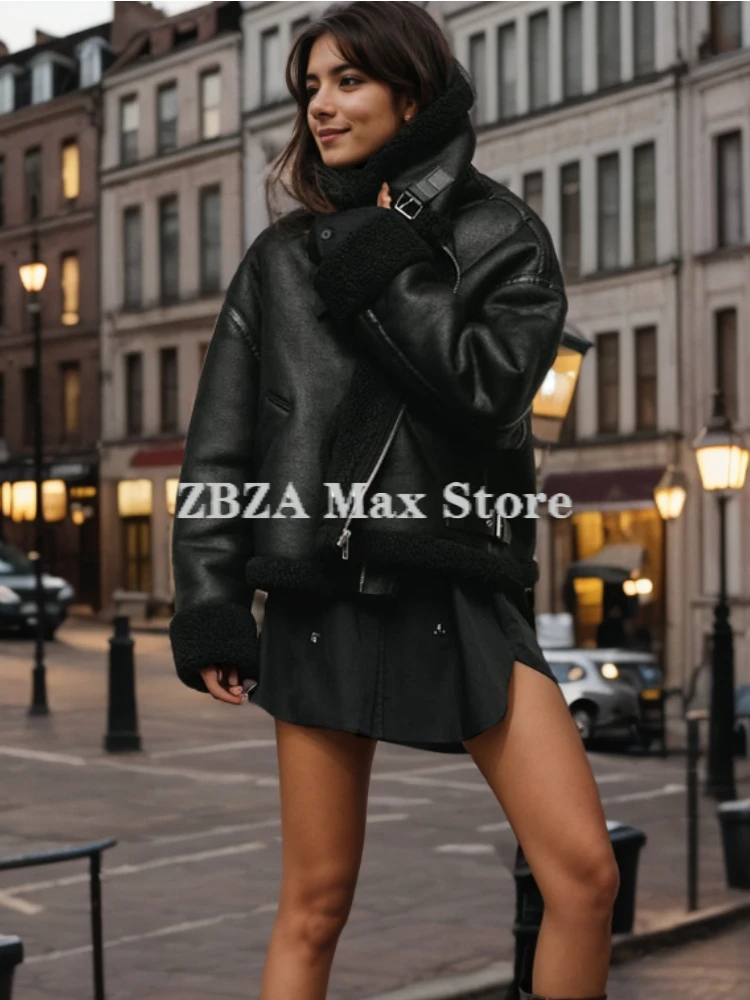 ZBZA Women Thick Warm Motorcycle Jacket Lapel Front Zippered Pockets Solid Loose Faux Leather Short Outerwear Winter Chic Coat