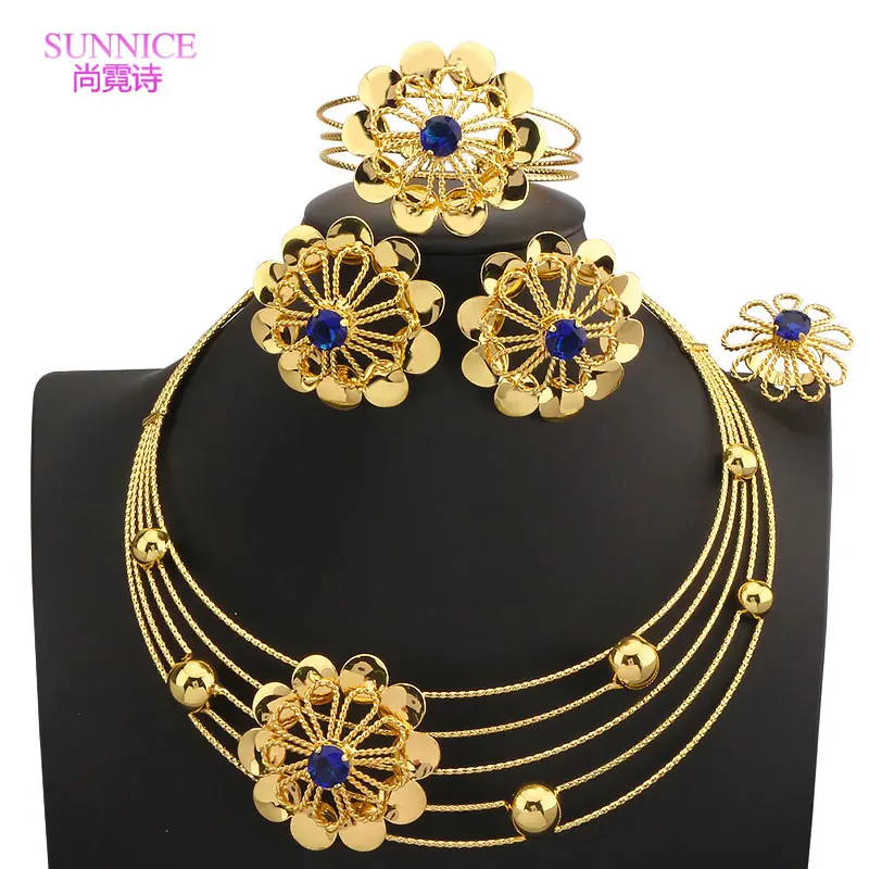 Blue Flower Jewelry Sets For Women Gold Plated Necklace Earrings Ring Bracelet Full Jewelry Set Bride Wedding Party Accessories