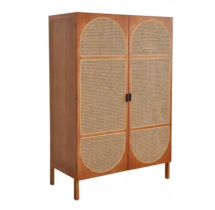 

Cherry Wood Rattan Woven Wardrobe Small Unit Solid Wood Storage and Storage Cabinet Double Door Wardrobe for Homestays