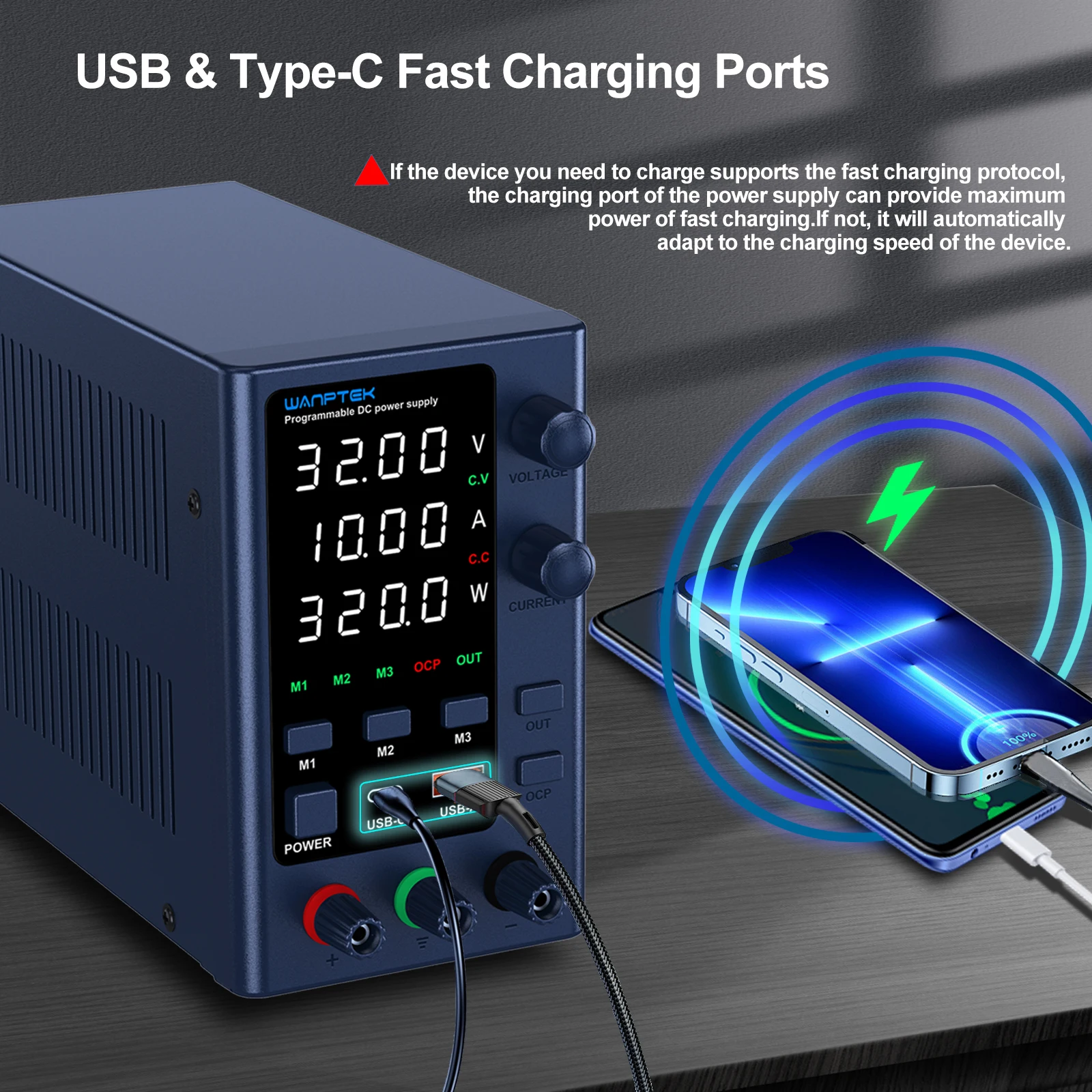 Imagem -03 - Wanptek-fonte de Alimentação dc Ajustável Fonte de Alimentação Comutada Memória de Armazenamento Usb Tape-c Interface Dupla Carregamento Rápido 32v 10a 10a