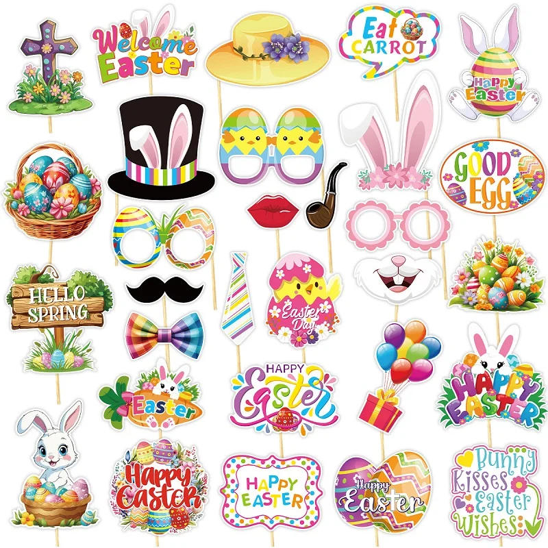 30pcs Happy Easter Photo Props Day Theme Party Handheld Dress Up