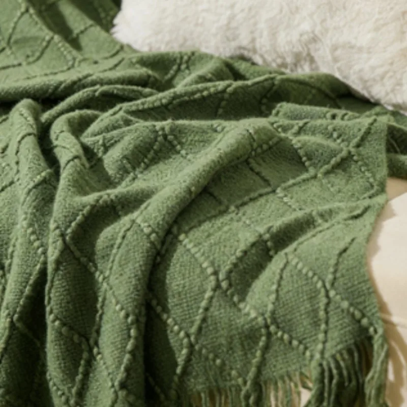 Army Green Blankets Large Knitted Tassel Throw for Bed Chair Sofa Couch Cover Spring Gift Blanket Home Decor Soft Comfortable