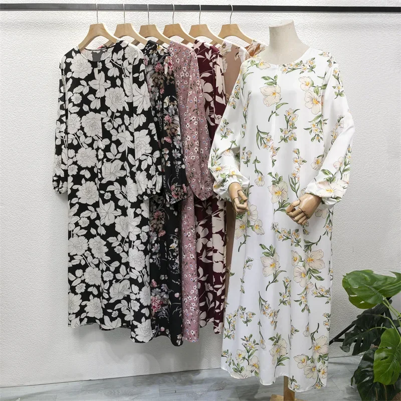 Women Eid Muslim Dresses Ramadan Puff Sleeve Flowers Casual Dress Morocco Vestidos O Neck Arab Long Robe Dubai Kaftan Abayas