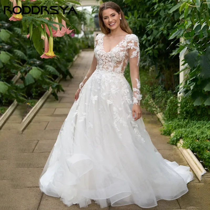 RODDRSYA-vestidos de novia de manga larga con encaje, prenda elegante con botones en la espalda, ideal para fiesta nupcial vestidos de novia de manga larga con encaje, prenda elegante con botones en la espalda, ideal p