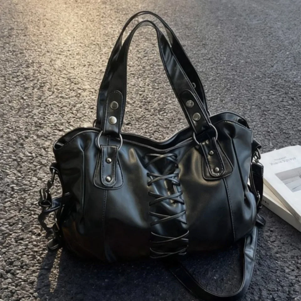 Vintage Lace-Up Large Capacity Tote Bag Soft Leather Shoulder Bag Fits 13-inch Laptop A4 Magazine Rivet Hardware for Y2K Daily
