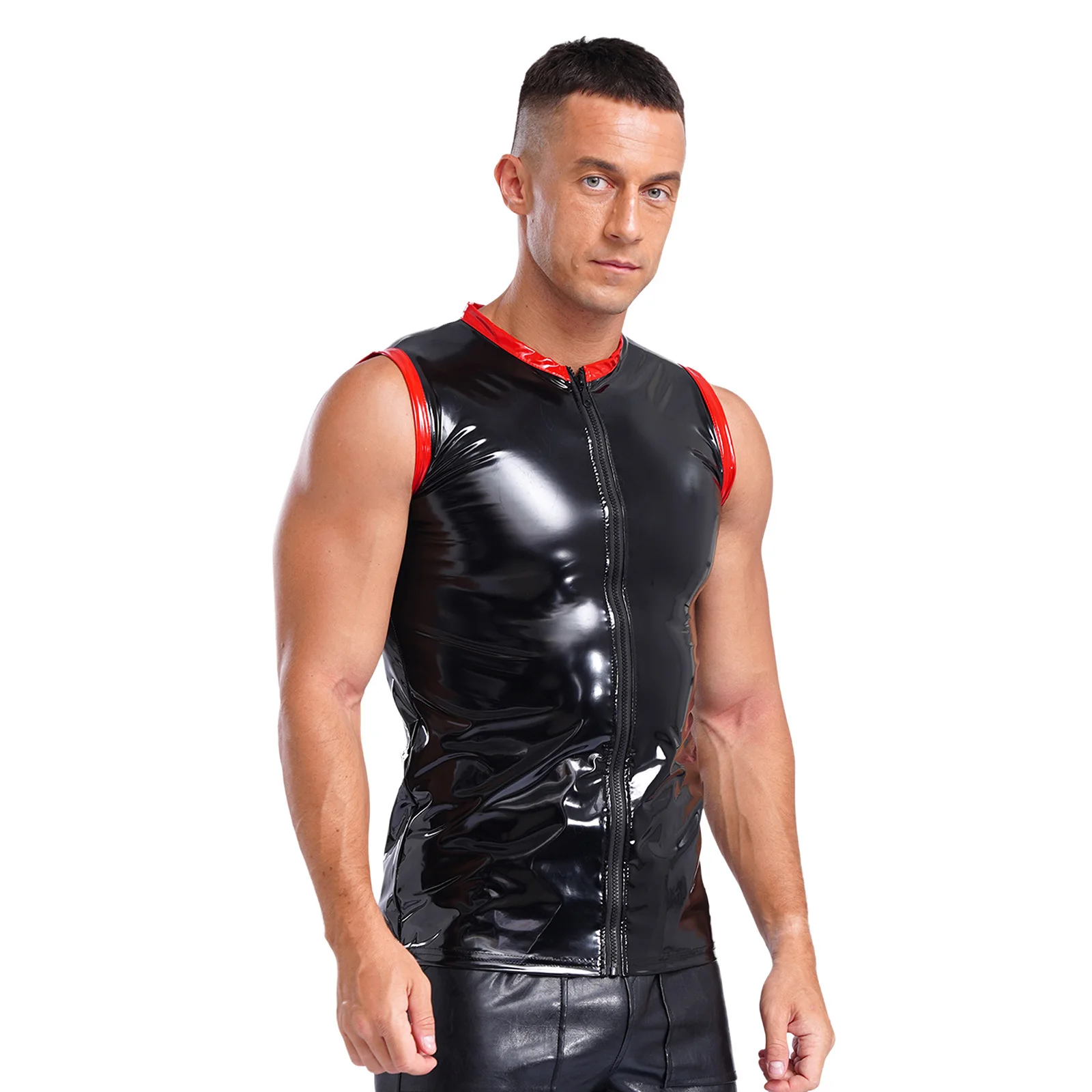 Mens Compression Jazz Pole Dance Vest Glossy PU Leather Motor Tank Top Round Neck Sleeveless Front Zipper Contrast Tops Clubwear