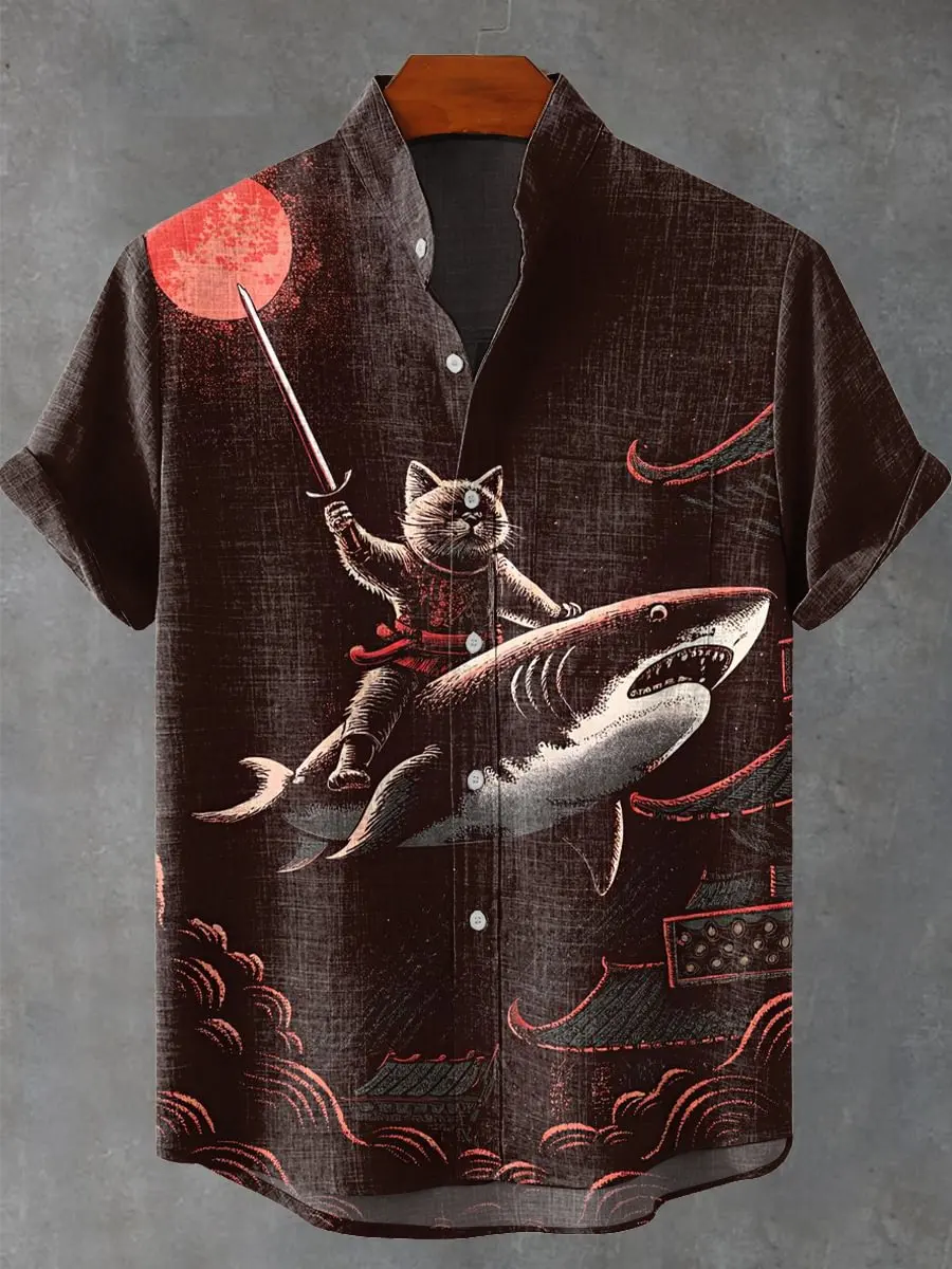 3D retro pink poppy print casual fashion button short sleeved men's linen shirt suitable for casual play