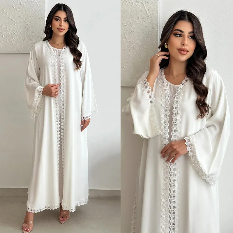

2025 Turkey EID Modest Women's White Long Dress Outerwear Abaya Muslim Fashion Coat Lace Decoration Solid Pattern Open Abaya