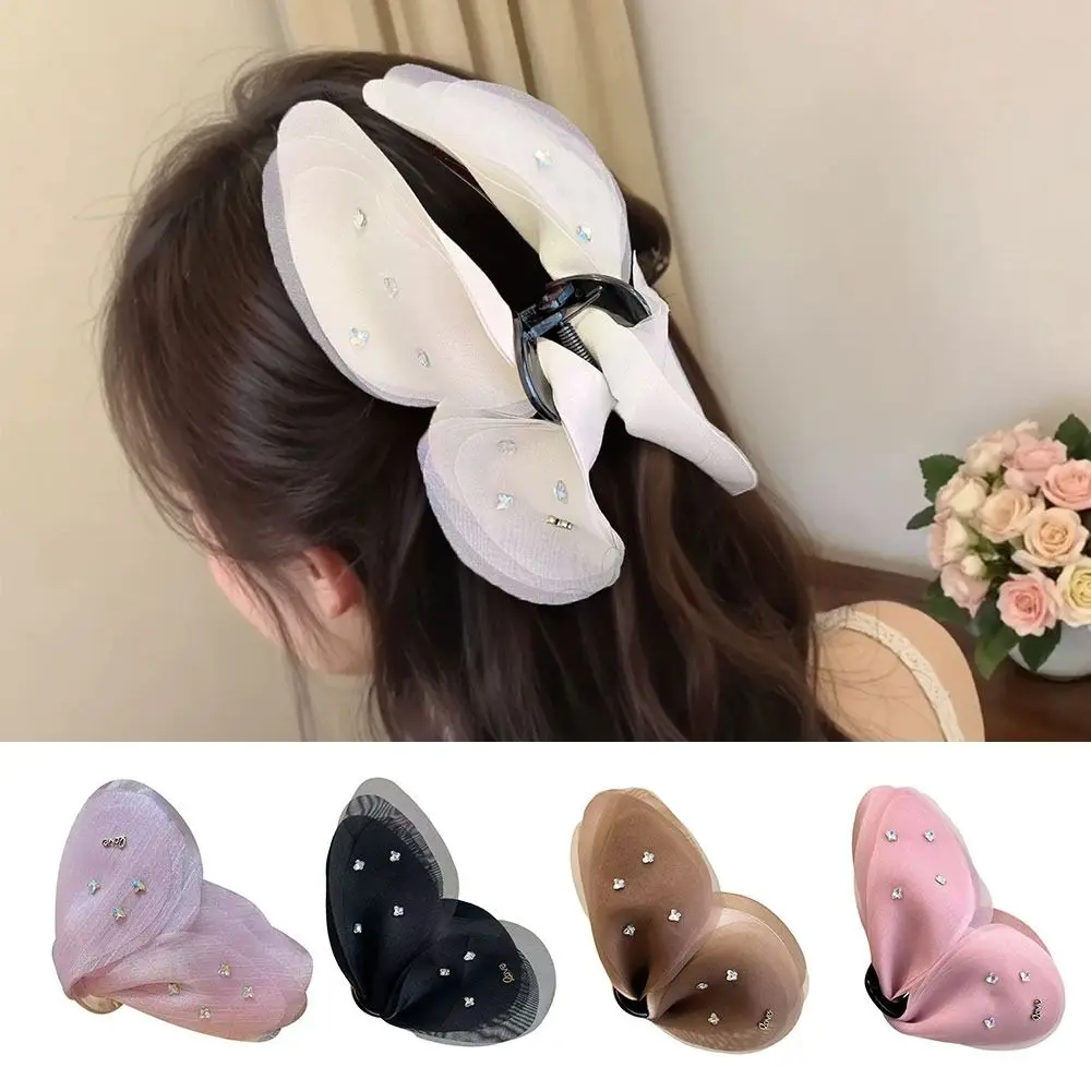 

Delicate Crystal Butterfly Hair Clip Sparkling Diamond Luxurious Mesh Fabric Bowknot Hair Claws Rhinestone Large Shark Clips