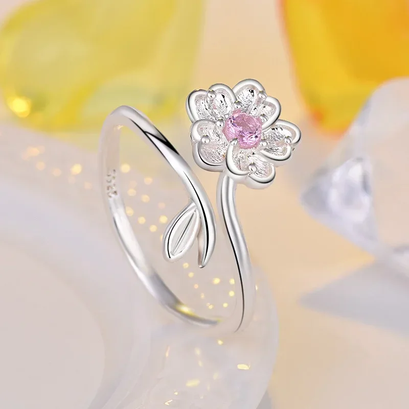 New Sterling Silver Ring Adjustable Open Flowers Couple Engagement Rings For Women Wedding Ring Party Fashion Jewelry Gift