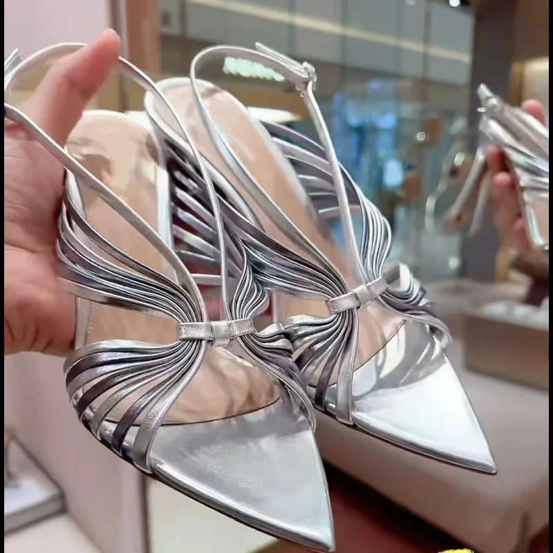Stiletto sandals summer new pointed silver hollow thin strap sexy sandals banquet dress versatile high-heeled women's shoes