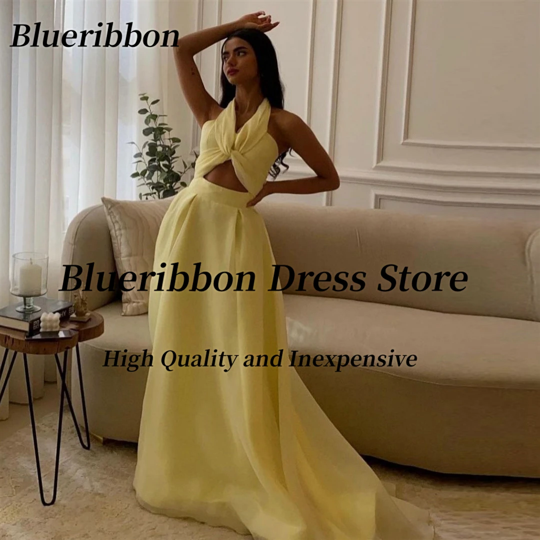 Blueribbon Light Yellow A Line Long Prom Dresses Summer Ladies Wear Halter Neck Sexy Backless Birthday Party Evening Formal Gown