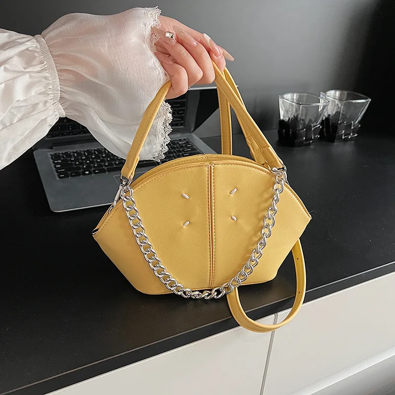 

Retro Design Soft Leather Shoulder Bag Versatile Solid Color Chain Phone Bag Semi-circular Casual Small Shoulder Bag