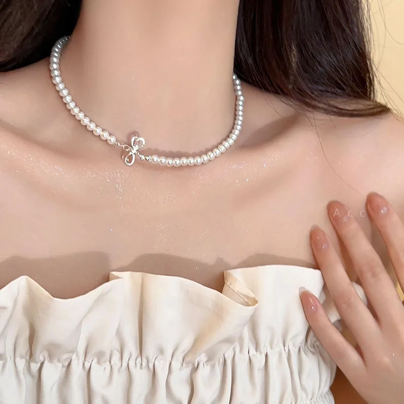 Vintage Elegant Double -Layer Pearl Necklace Bow Water Droplet Pendant Neck Chain for Women Girl Party Jewelry HUANZHI 2023 NEW image 5