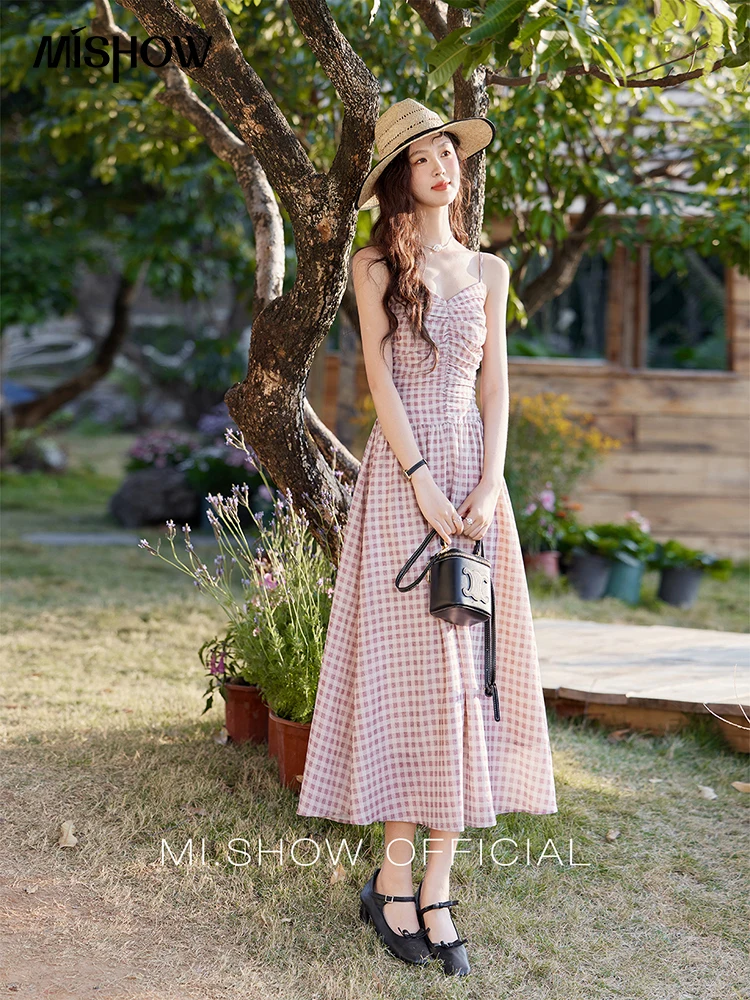 

MISHOW Plaid Camisole Dress Spring Waist A-line Dress V-neck Back Elastic Holiday Dresses Adjustable Shoulder Straps MXE16L2115