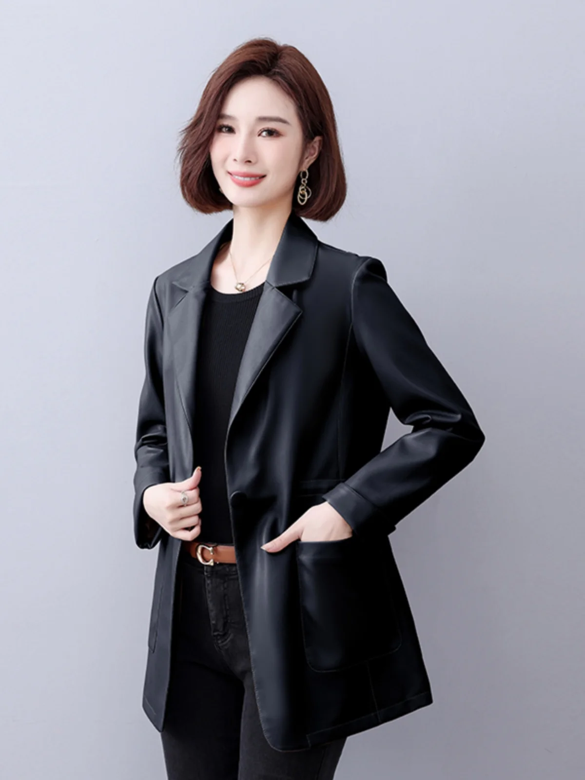 2025年新作 レディース 本革 ジェットスキン ロング丈 ウエストシェイプ スーツコート カジュアル 通勤 スリム ルーズフィット ロングスリーブ