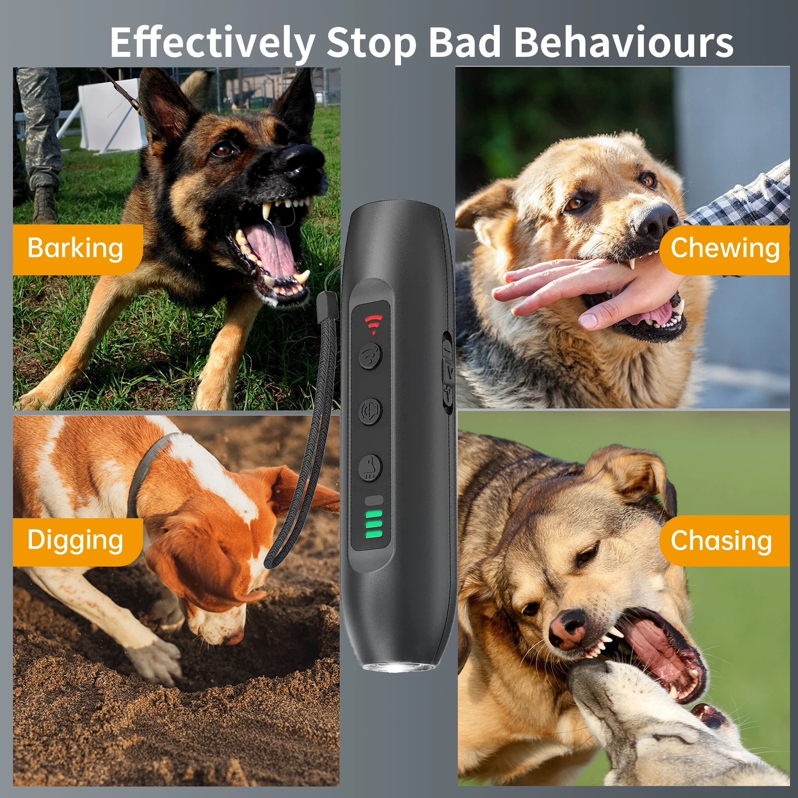 Ultrasonic Dog Repeller, Stop Barker, with Flashlight, with Beep, USB rechargeable