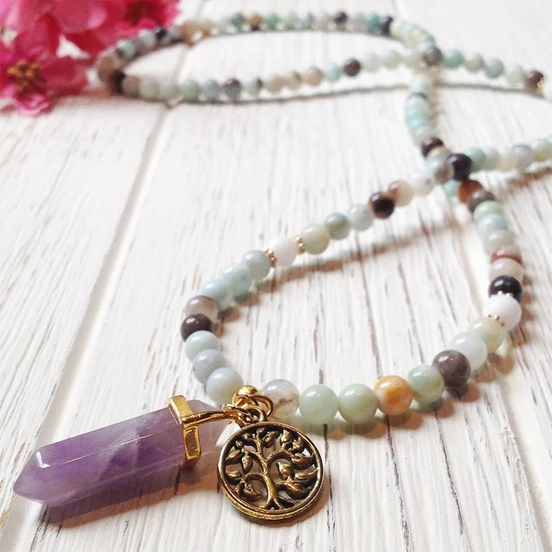 Amazonite Mala Necklace | Mala Beads 108 | Healing Crystal Necklace | Amethyst Mala Beads | Tree of Life Mala | Calming Necklace