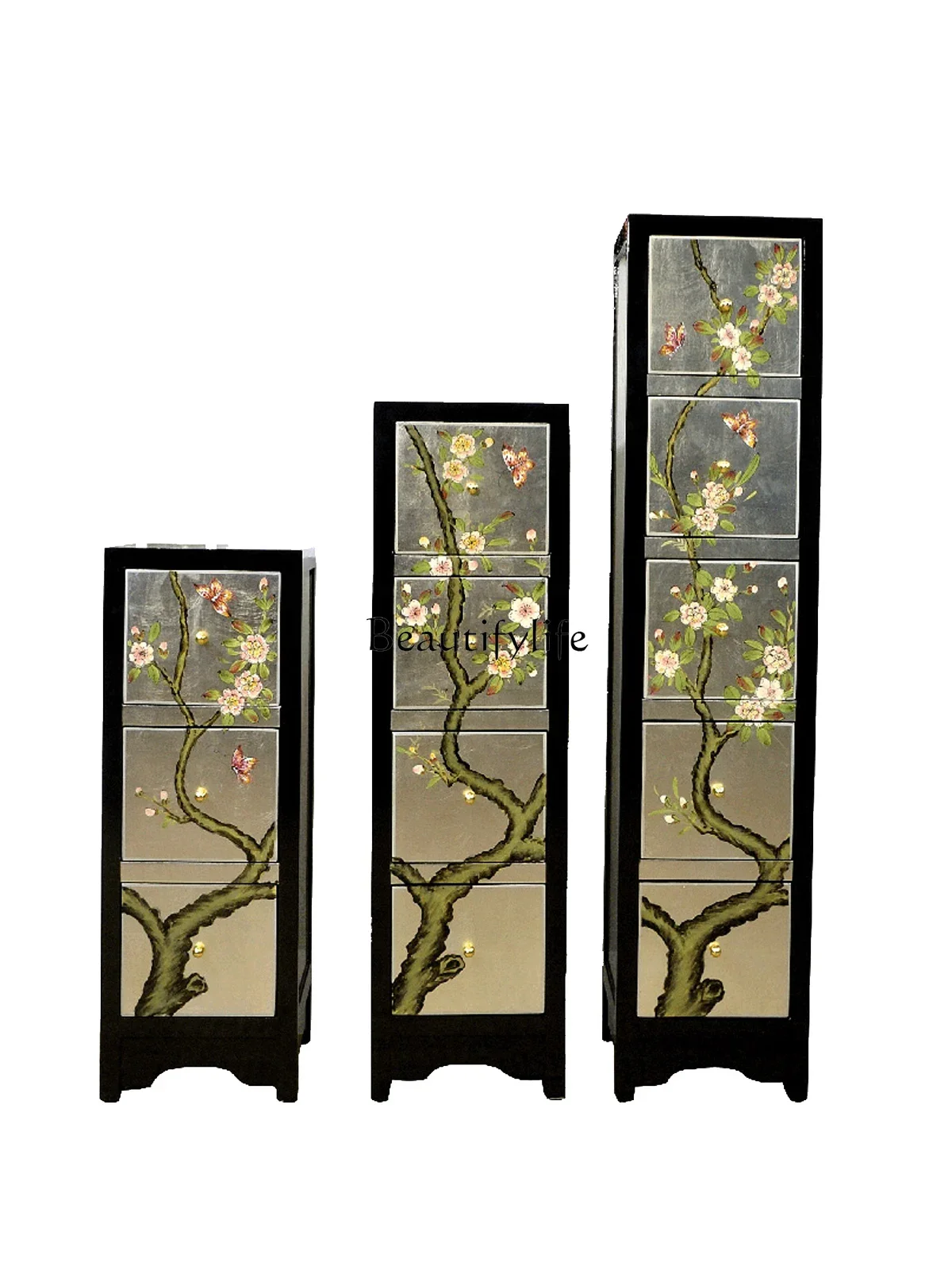 

FG44New Chinese Style Solid Wood Sandwich Cabinet Combination Silver Foil Living Room Corner Table Storage Locker