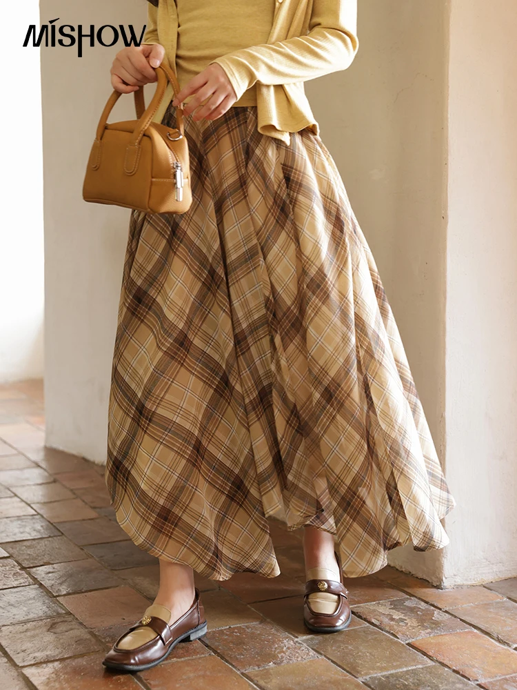 

MISHOW кофейная клетчатая юбка, осень 2022, юбки с асимметричным подолом, женская юбка-миди трапециевидной формы с боковой молнией в стиле ретро MXE42B2377