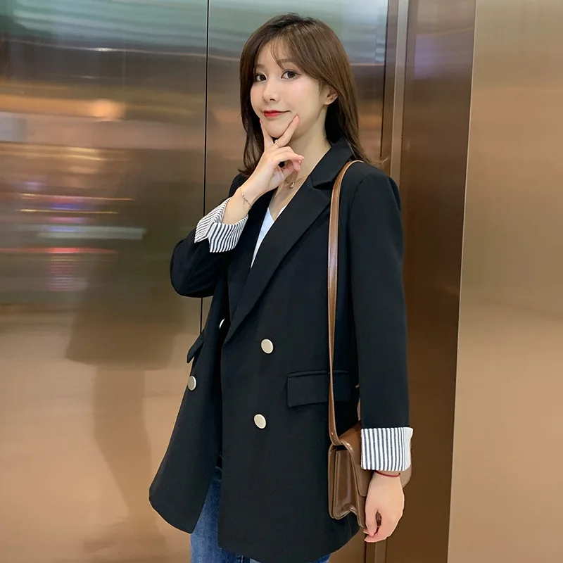 HOO 2024 Women's Autumn blazer  New Double Breasted Solid Color Leisure   blazer