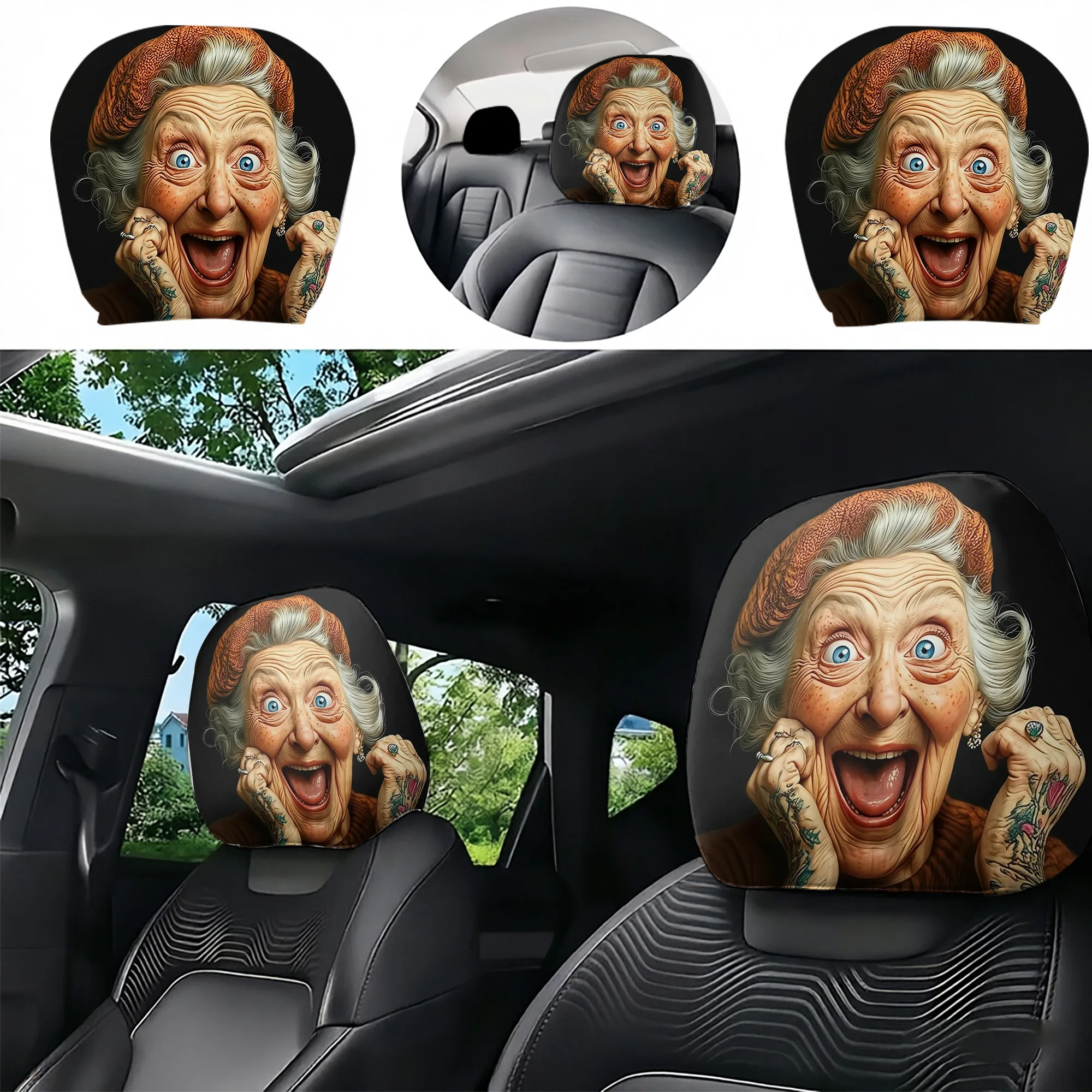 2pcs funny “tattooed granny” car headrest covers to add a quirky and bold style to your car interior. Easy to install.