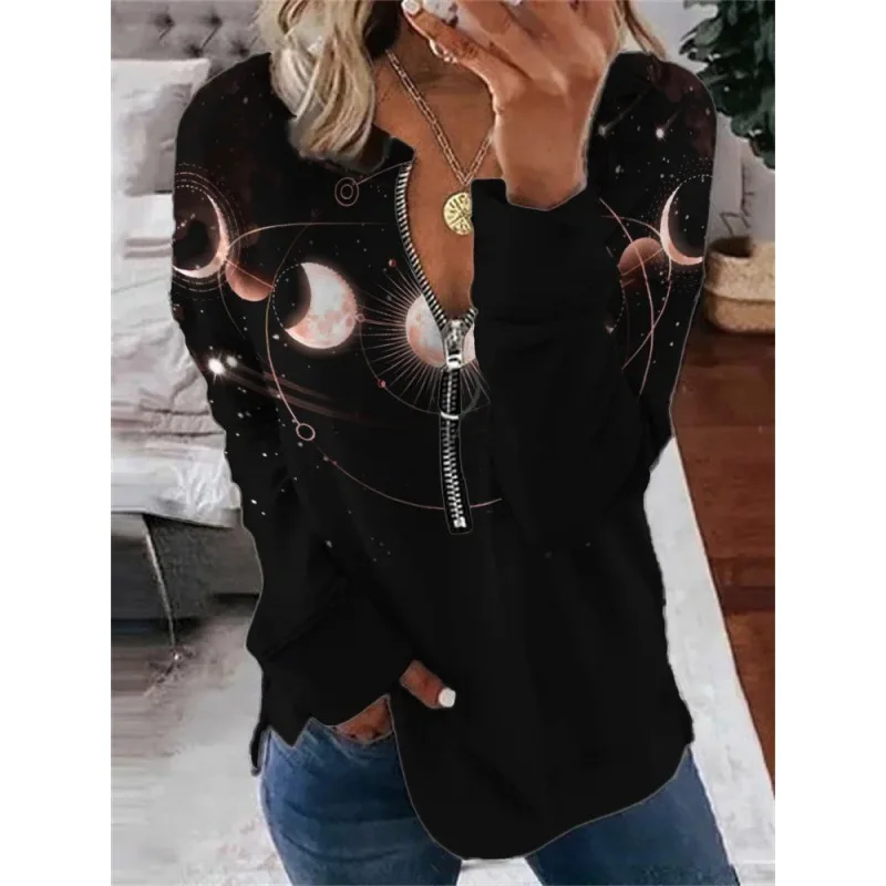 Fashion Trend Casual Digital Cross-Border Round Neck Long Sleeved Zipper Minimalist Star Pattern Temperament T-ShirtWF4