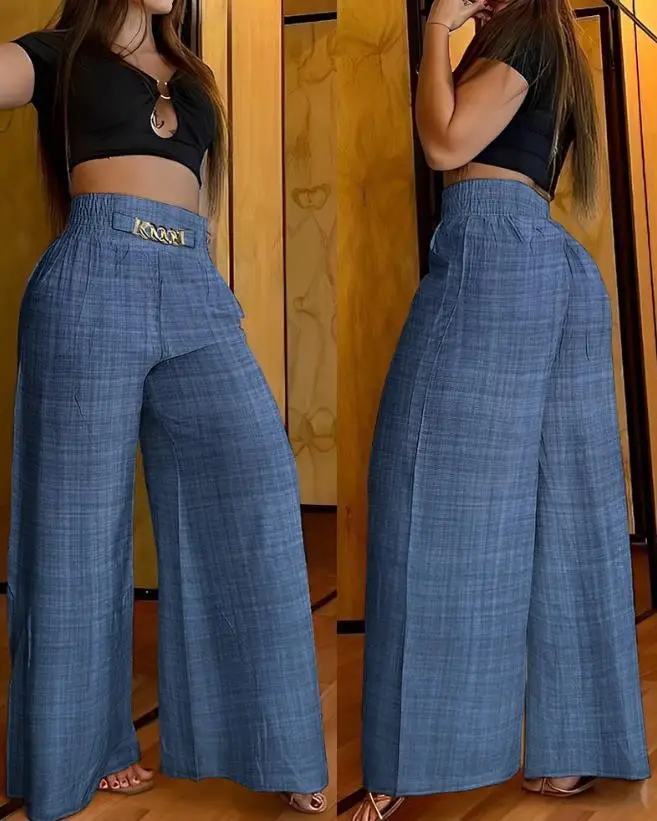 Women Pants 2023 Summer Fashion Chain Decor High Casual Plain Pocket Design Waist Wide Leg Daily Vacation Long Pants Streetwear