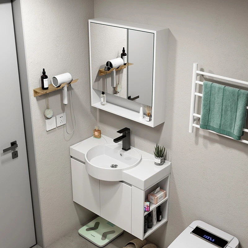 

Super narrow solid wood waterproof bathroom cabinet ceramic integrated wash basin balcony small apartment combination