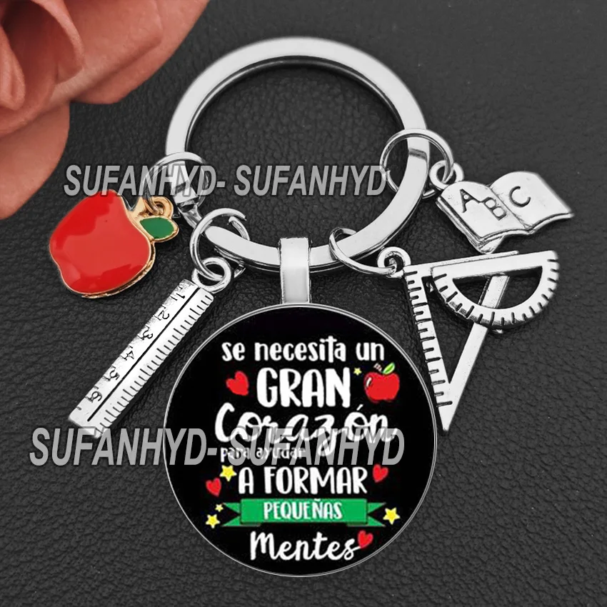 2024 New Thank You Teacher in Spanish Keychain Pendant Glass Crystal Pendant Key Ring Car Keychain for Teacher Teache