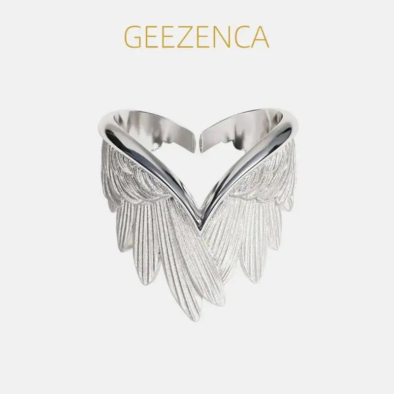 GEEZENCA 925 Sterling Silver Wing  Feather Open Rings For Lover Original Design Unusual Heart Rings Statement Jewelry Gift