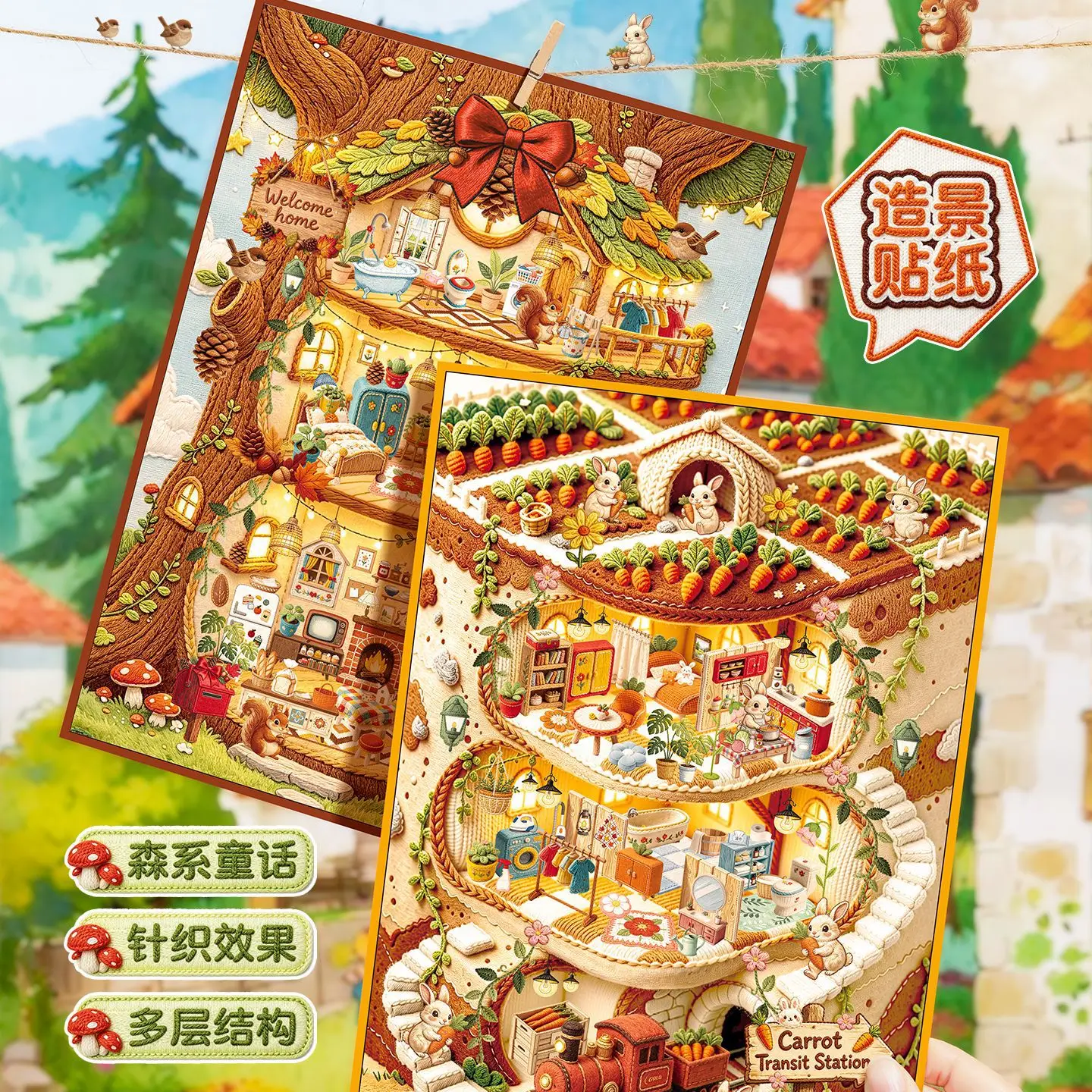 Forest Fairy Tale Scene Stickers, Knitted Texture Tree House & Rabbit Burrow Decals for Journal Scrapbook DIY Crafts