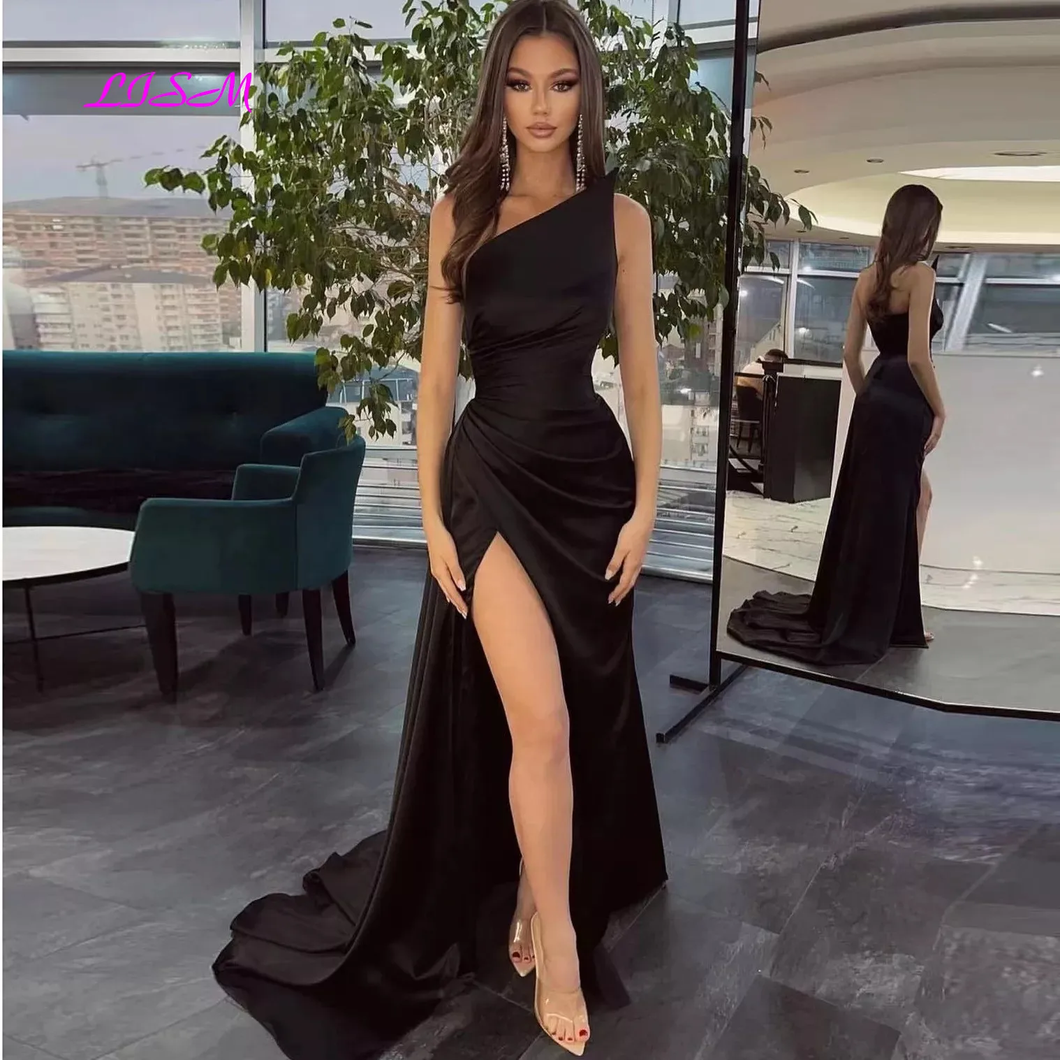 

Elegant Evening Dresses For Women Satin Sleeveless Pleat High Split Tight Mermaid Party Prom Dress Robes De Soirée