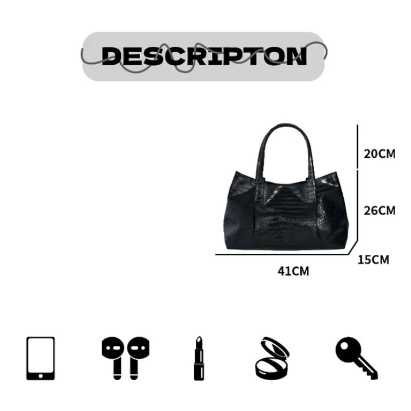 Krokodil-Textur Weiche PU-Tragetasche, Schwarze Minimalistische Damenhandtasche, Magnetverschluss, Einfarbige Vielseitige Schultertasche – Detail 1