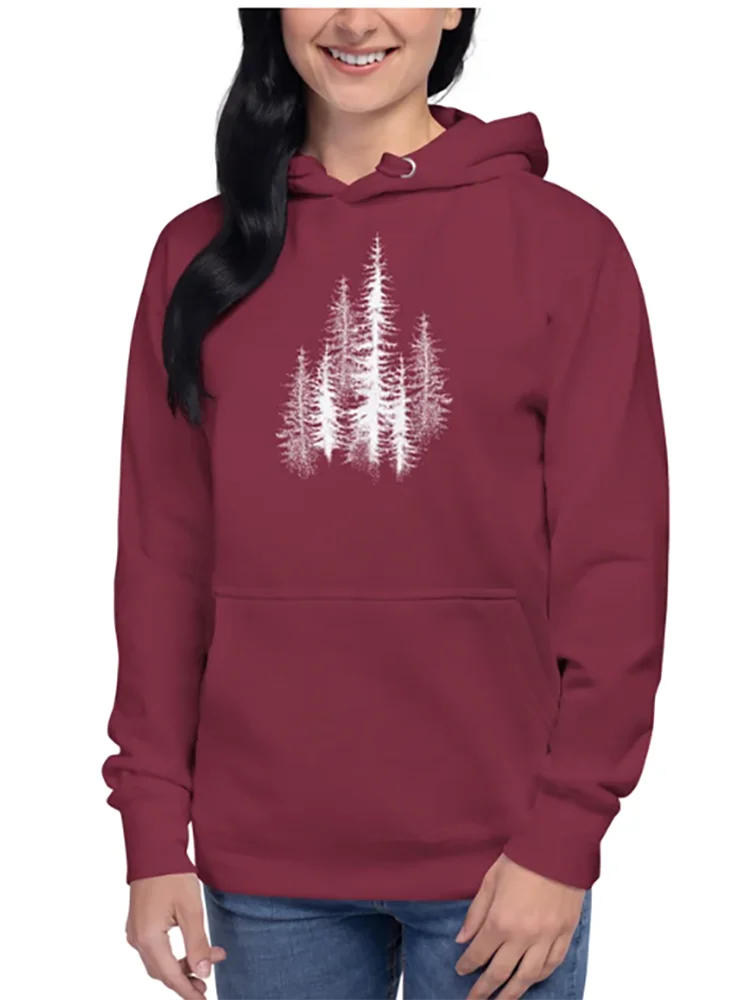Pine Forest Trees สีขาวพิมพ์แขนยาว Crewneck Hoodie อินเทรนด์ Retro ขนาดใหญ่ของขวัญสําหรับเธอและเขากราฟิกเสื้อผ้า
