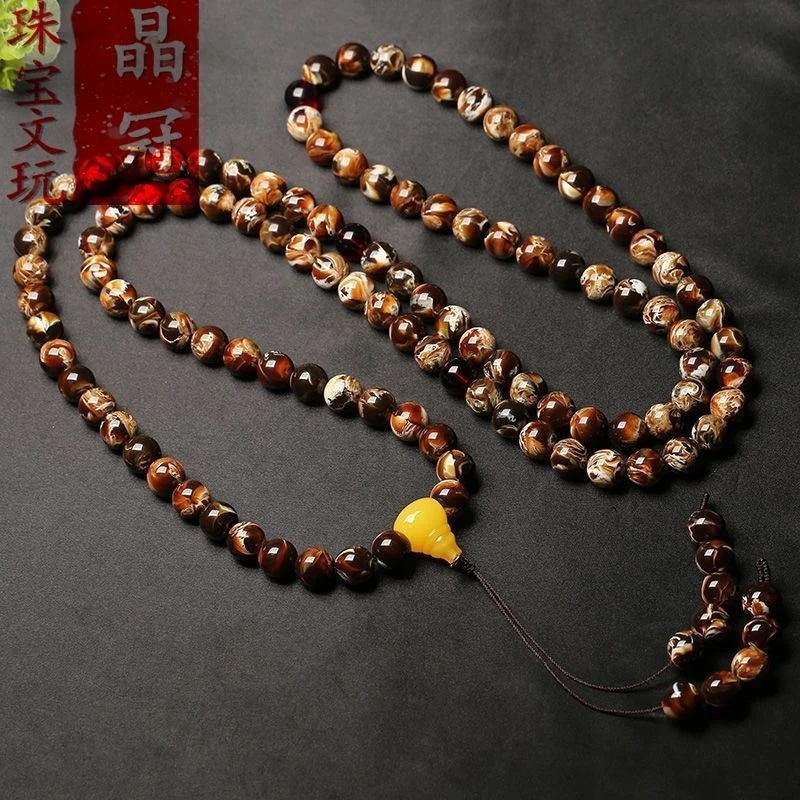 Flower Beads 108 Burmese Root Multi-loop Bracelet Necklace for Men and Women, Organic Amber with Large Buddha B