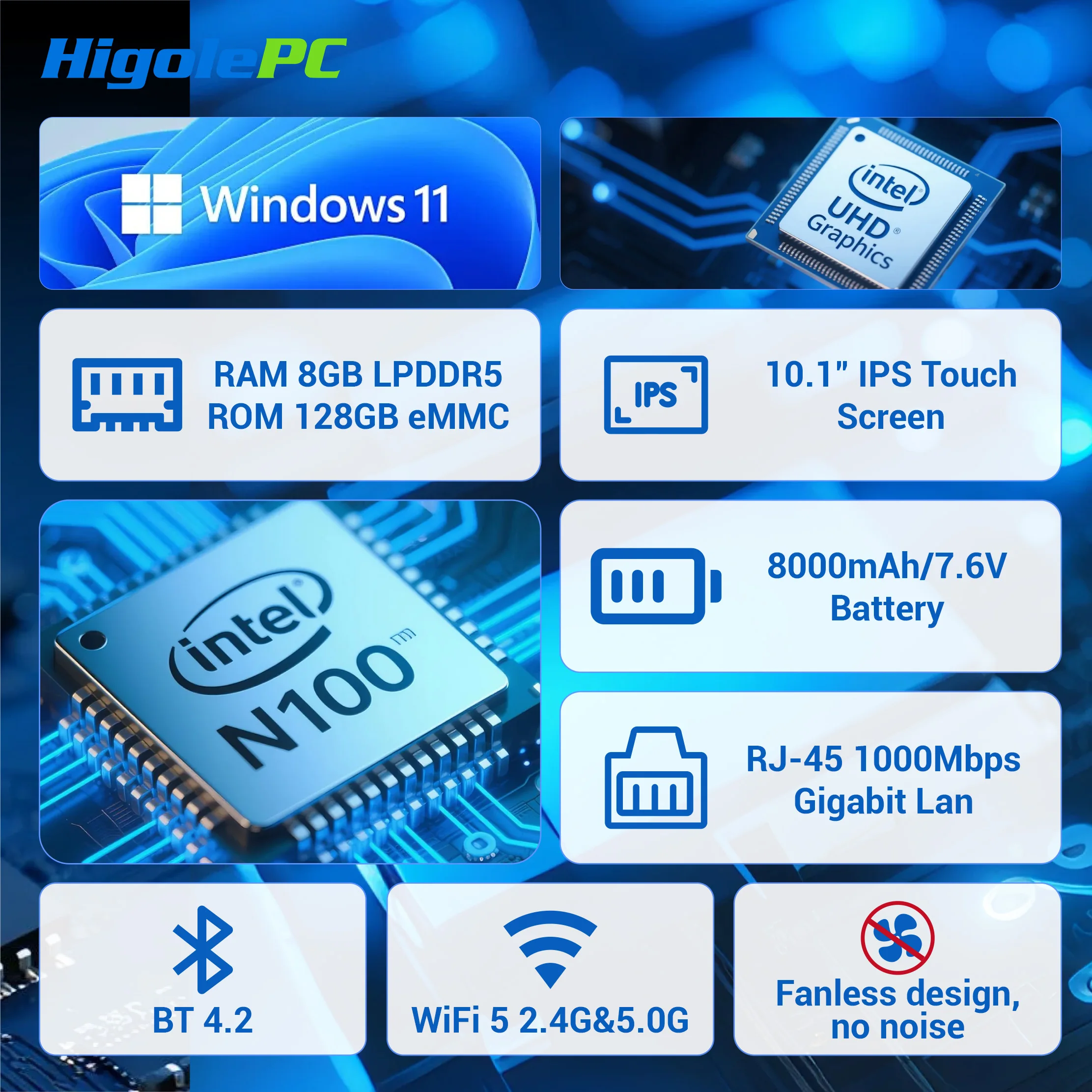 Higole F9A 10.1" Rugged Tablet PC Fanless Intel N100 Windows 11 WiFi5 8/16 128/256G 8000mAh RS232 Scanner Industrial IP67 Tablet