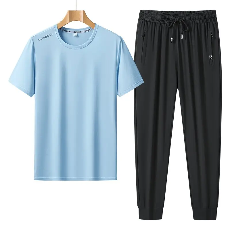 

Summer Fashion Solid Color Fitness Running Short Sleeve T-Shirt Set Men's Casual Loose Sports Breathable Plus Size Two-Piece Set