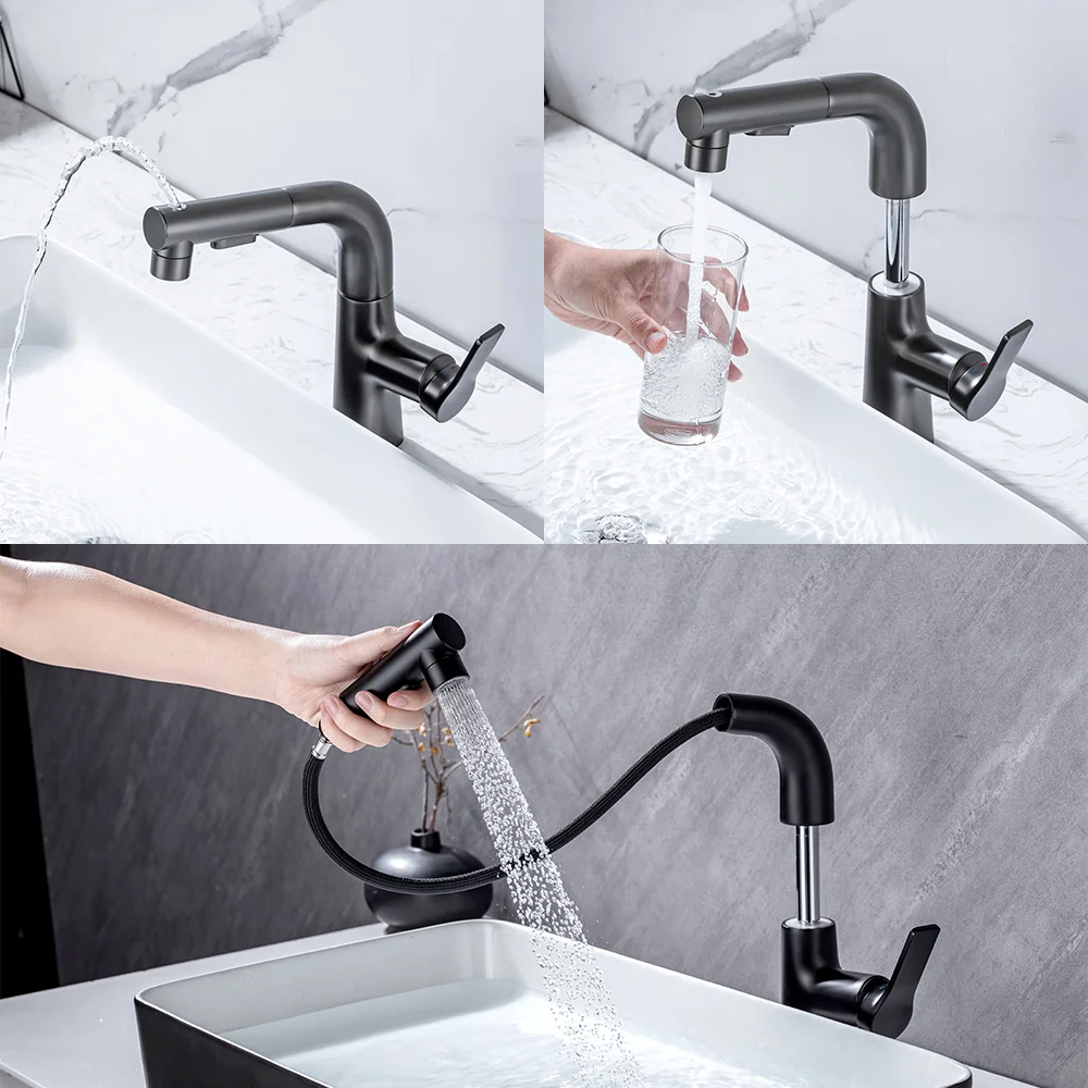 

Modern High End Bathroom Sink Faucet Pull Out Nozzle Mixer Tap Basin Faucet Brass Bathroom Faucet Single Hole Washbasin Faucets