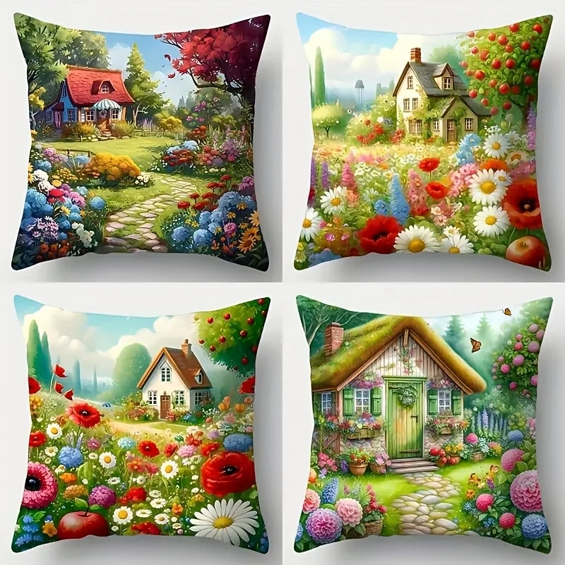 4pcs Modern Floral Pillow Covers Polyester Hand Washable Zipper Closure for Living Room Sofa Cushion Case (Inserts Not Included)