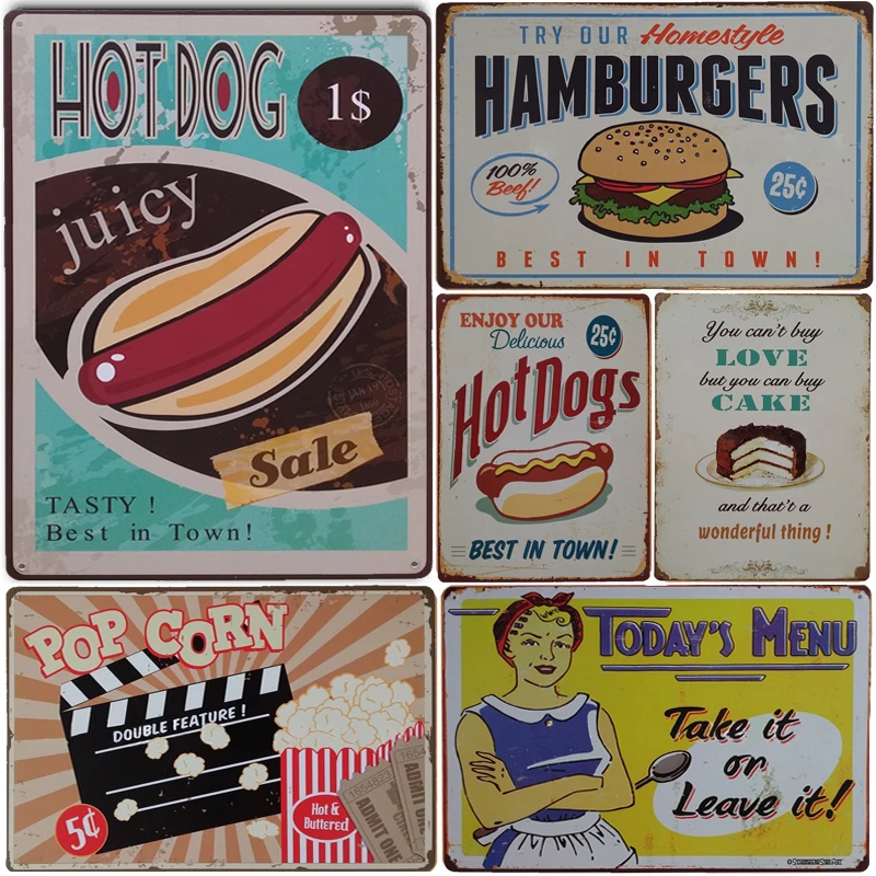 Retro Tin Sign Cake Hot Dog Hamburger Vintage Metal Plaque Great Food Posters for Restaurant Kitchen Bars Cafe Clubs Wall Decor