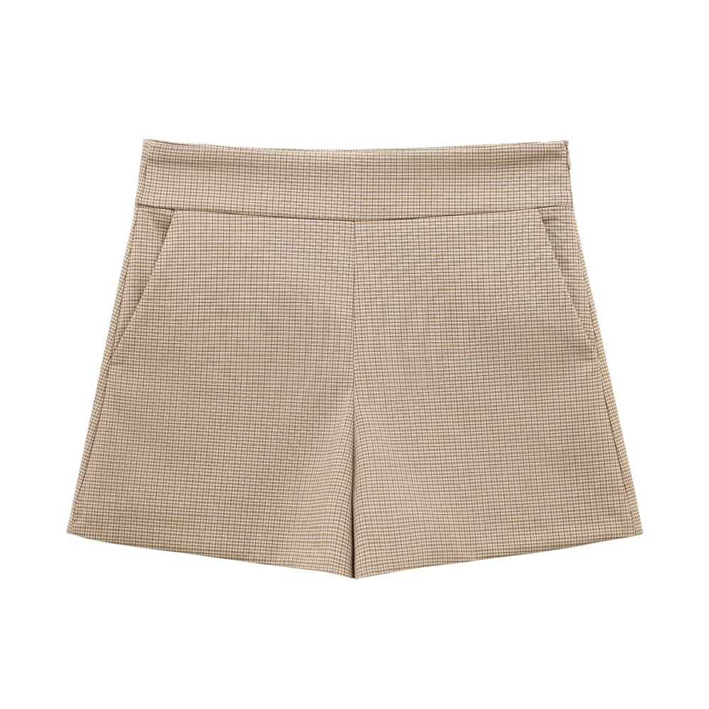 Pantalones cortos de cintura alta con decoración de cremallera a cuadros, versátiles, informales, a la moda de primavera para mujer
