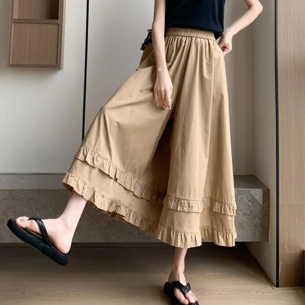 Trousers Women Oversized Wide Leg Skirt Pants Loose Fit Trousers with Hem Pure Color Daily Wear Bottoms for School Leisure