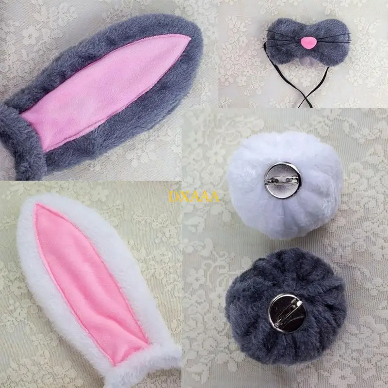 DXAA Easter Bunnies Costume Set Ears Tail Bowtie Gloves Animal Fancy Costume Accessories for Kids Halloween Cosplay Props