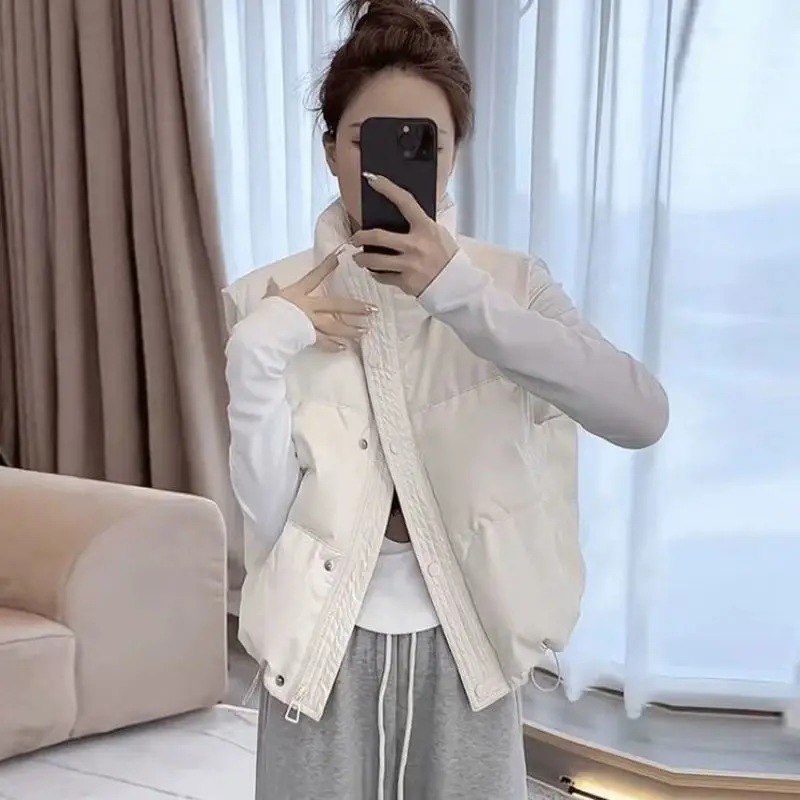 

Women's Loose Down Feather Cotton Vest Korean Style Loose Sleeveless Zipper Jackets Short Stand Collar Down Coats Warm Outerwear